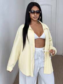 Maweii Camisa holgada de manga larga, de un solo color, informal y versátil para usar a diario, talla grande - Amarillo - Ver 2