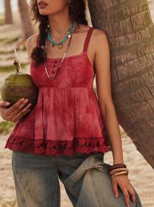 Bohemela Top canottiera da donna stile boho vacanza al mare, con spalline sottili, in tessuto intrecciato tie-dye, schiena scoperta