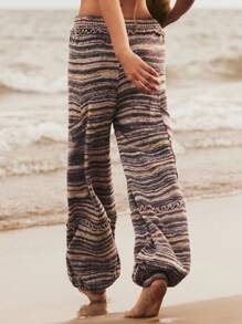 Bohemela 大码女式休闲日常通勤度假街头时尚低腰拼布口袋多色条纹图案抽绳下摆毛衣裤秋冬女装 - 彩色 - 查看 6