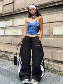 Coolane 女士夏季演唱会街头服饰外出撞色降落伞裤 - 黑色 - 查看 2