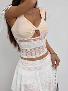 INAWLY Women's Twist Ruched Layered Contrast Lace Sexy T-Shirt - Apricot - View 4