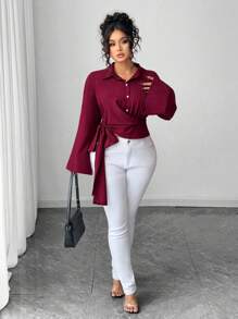 SHEIN Unity Chemise de bureau à manches évasées de couleur unie élégante grande taille - Rouge - Voir 5