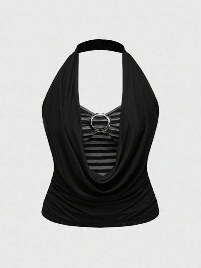 J-Fashion Blusa oversize con collo a drappeggio, in stile retrò Y2K con pannelli a contrasto e righe, adatta per taglie forti