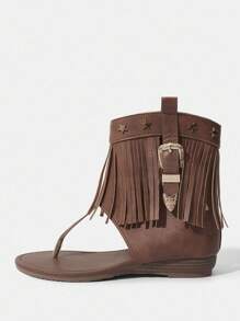 Styleloop Sandalias planas, textura trenzada, estilo bohemio, adecuadas para vacaciones - Marrón - Ver 2