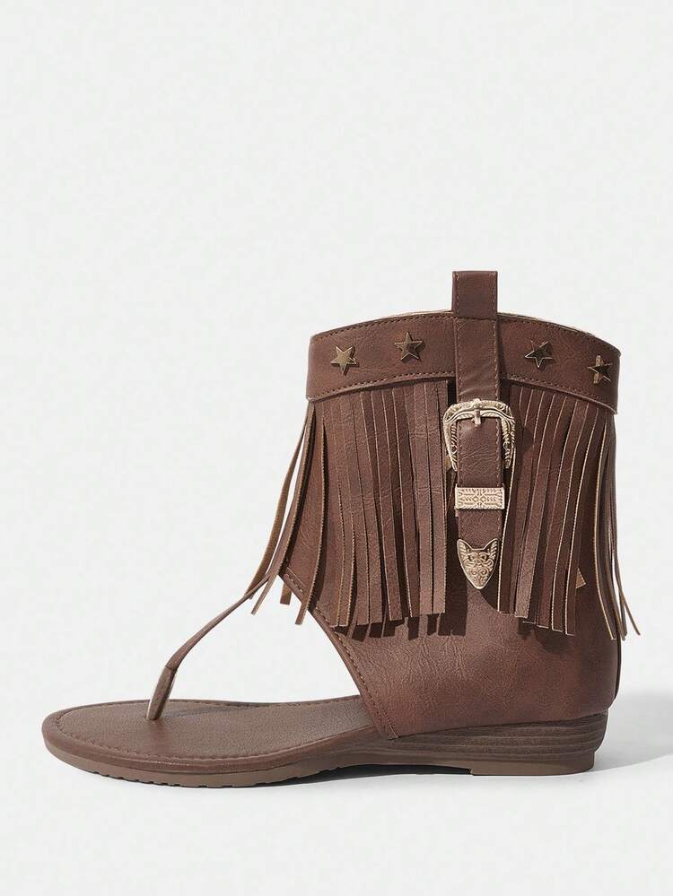 Styleloop Sandalias planas, textura trenzada, estilo bohemio, adecuadas para vacaciones - Marrón - Añade 2