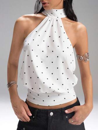 LYSMO Sommarklänning med prickig krage och dragkedja för kvinnor, stickad halterneck, ärmlös, minimalistisk, avslappnad och mångsidig, daglig pendling