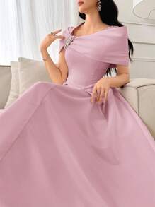 Modelyn Women's Solid Color Rhinestone Flower Decor Ruffle Elegant Dress - Pink - View 4
