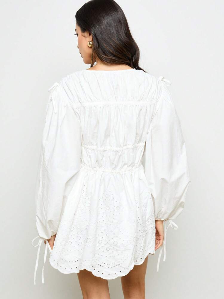 AiiRZ Bohemian Broderie Anglaise Mini Dress Balloon Sleeve Empire Waist Beach Cover Up Vacation Summer Spring Lightweight Drawstring