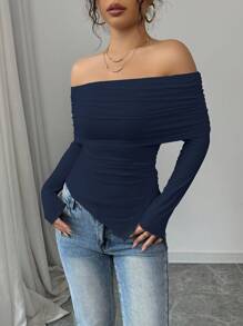 Elenzga 女士优雅露肩大翻领褶边修身T恤，春秋 - 藏蓝色 - 查看 5