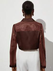 Aveloria Modichic Versatile Elegant Commute Simple Fashion High-End Organza Satin Patchwork Translucent Metallic Button Decor Women Short Lightweight Blazer - Coffee Brown - View 3