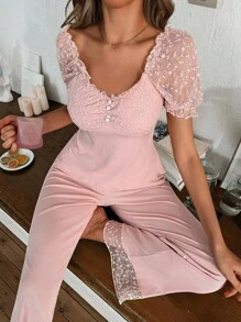 SHEIN Conjunto de pijama con mangas abultadas, cuello cuadrado, decoración con botones y fruncido delantero en tejido de malla jacquard para mujer