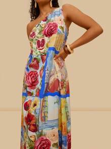 Travachic Plus Size Loose Tropical Print Asymmetrical Shoulder Maxi Dress, Vacation Style Off Shoulder Dress Beach Dresses For Women Tropical Vacation Woman Clothes Tropical Flowers - Multicolor - View 2