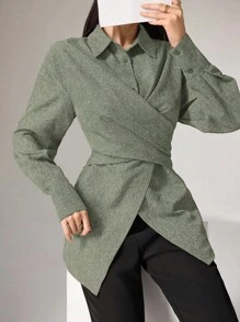 Heiryn Women's Casual/Office Solid Color Cross-Wrap Blouse