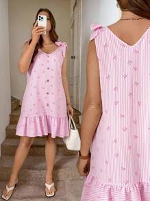 SHEIN LUNE 大码女式碎花肩部休闲夏季海滩装女士连衣裙波西米亚风夏季彩虹波西米亚风复古风女士夏季服装七月四日假期狂欢服装节日假期服装 - 粉色 - 查看 9