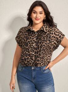 SHEIN LUNE 加大码豹纹蝙蝠袖休闲衬衫夏季女式猎豹印花演唱会女式夏季上衣狂欢节度假女装