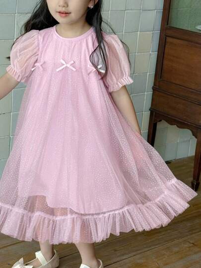 Dazy Kids 少女圆领蝴蝶结装饰蓬蓬中长款鸡尾酒会生日礼服