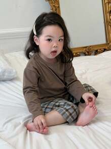 Dazy Kids 2 件套女婴休闲纯色圆领 T 恤和格子裤套装、家居服、幼儿秋装 - 咖啡棕 - 查看 6