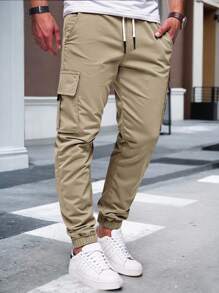 Manfinity Homme Men's Casual Relaxed Elastic Waist Drawstring Cargo Pants With Pocket - Khaki - View 4