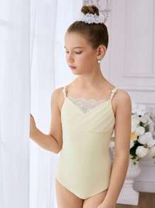 SHEIN Tween Girls Yellow Pearl Decor Camisole Leotard, Elegant Ballet/Contemporary Dance Unitard, Suitable For All Seasons - Apricot - View 1