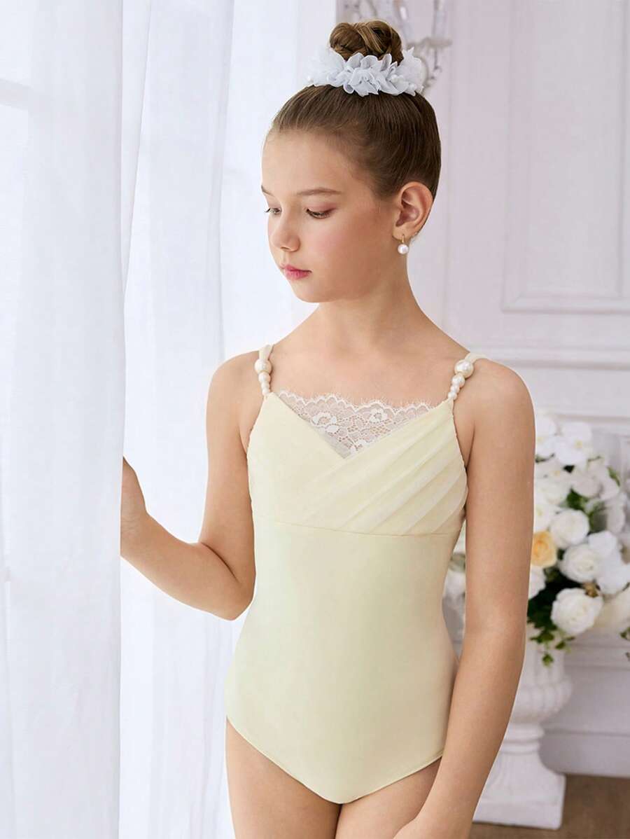 SHEIN Tween Girls Yellow Pearl Decor Camisole Leotard, Elegant Ballet/Contemporary Dance Unitard, Suitable For All Seasons - Apricot - View 1