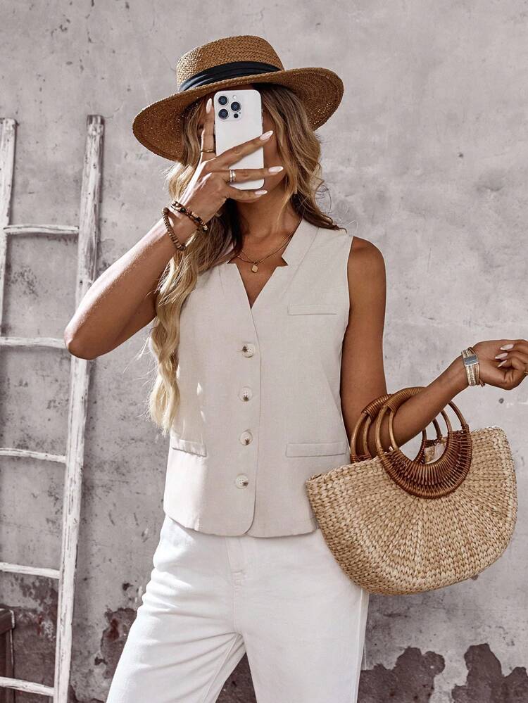 Women's Summer Solid Color Single-Breasted Casual Vest Jacket Fall Teacher