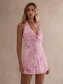 Glamine 性感亮片露背挂脖迷你连衣裙，夏秋季女装返校季