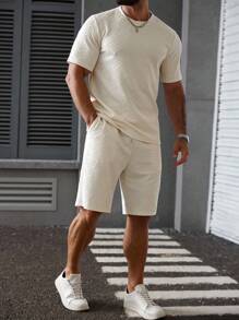 Manfinity Homme Plus Size Men's Solid Color Round Neck Short Sleeve T-Shirt And Shorts Casual Suit - Apricot - View 5