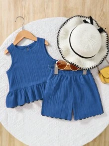 2pcs Young Girl Set: Woven Solid Color Round Neck Sleeveless Tank Top And Woven Solid Color Loose Shorts