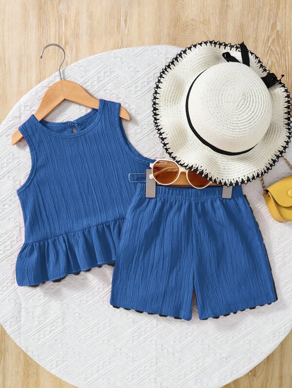 SHEIN Explorewe 2pcs Young Girl Set: Woven Solid Color Round Neck Sleeveless Tank Top And Woven Solid Color Loose Shorts