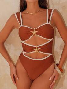 Swim Chiccia Women's One-Piece Swimsuit For Summer, Three-Color Combination, Shiny Fabric, Ocean Five-Star Metal Accessories, Modified Fit For Vacation