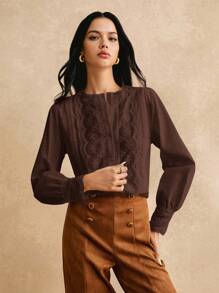 Poéselle Women Casual Solid Color Embroidery Patchwork Shirt - Coffee Brown - View 3