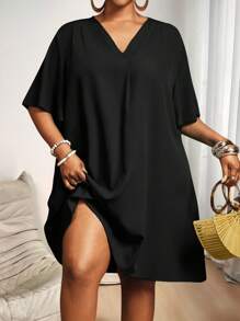 Slaydiva Đầm sơ mi tay ngắn bằng chiffon thanh lịch mới dành cho nữ, kiểu dáng thường ngày/công sở, cổ chữ V, tay bồng dáng rộng, dáng midi, đầm thun cỡ lớn, đầm đi nghỉ mát cỡ lớn, đầm đen cỡ lớn, đầm đen cổ chữ V. - màu đen - Xem 2