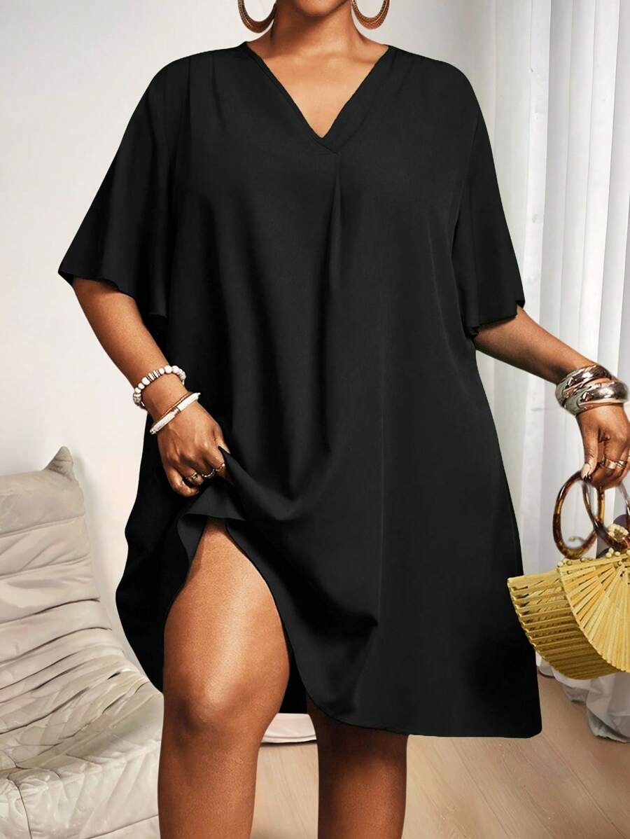 Slaydiva Đầm sơ mi tay ngắn bằng chiffon thanh lịch mới dành cho nữ, kiểu dáng thường ngày/công sở, cổ chữ V, tay bồng dáng rộng, dáng midi, đầm thun cỡ lớn, đầm đi nghỉ mát cỡ lớn, đầm đen cỡ lớn, đầm đen cổ chữ V.