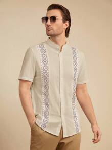 HIMLAND Men's Holiday Casual Printed Patchwork Stand Collar Short Sleeve Shirt