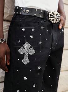 ROMWE MEN Street Life Men's Cross Rhinestone Embellished Denim Shorts, Suitable For Spring/Summer Everyday Wear - Black - View 2