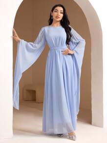 Veilorie 女士优雅纯色腰部系带长裙 - 藍色 - 查看 4