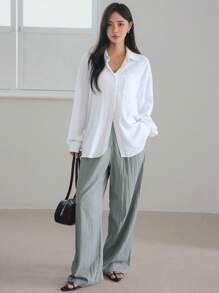 Dazy-Less 女士宽松亚麻蕾丝拼布长袖白衬衫，商务休闲办公室通勤装，春夏秋 - 白色 - 查看 3