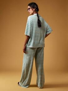 MISSGUIDED Conjunto de ropa de estar en casa de punto acanalado a rayas - Pantalón de pierna ancha + pijama - Ropa de estar en casa cómoda, coordinada para resort y vacaciones, atuendo casual