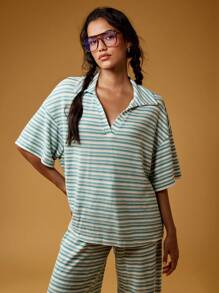 MISSGUIDED Conjunto de ropa de estar en casa de punto acanalado a rayas - Pantalón de pierna ancha + pijama - Ropa de estar en casa cómoda, coordinada para resort y vacaciones, atuendo casual