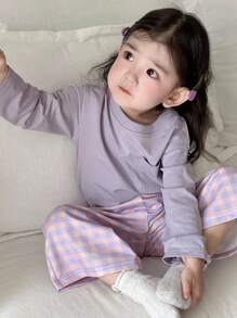 Dazy Kids Baby Girl Casual Knit Round Neck Short Sleeve Top And Plaid Loose Pants, Pajama Set Toddler - Purple - View 1