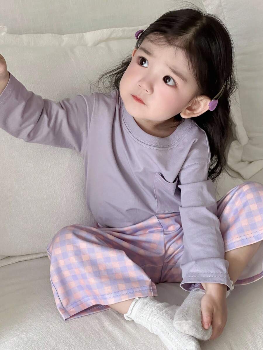 Dazy Kids Baby Girl Casual Knit Round Neck Short Sleeve Top And Plaid Loose Pants, Pajama Set Toddler - Purple - View 1