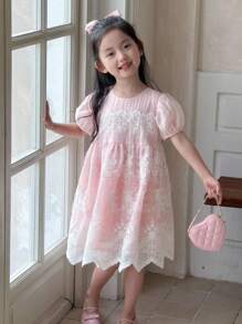 Dazy Kids Vestido de fiesta de cumpleaños de largo medio con cuello redondo y parches de encaje para niñas (talla pequeña)