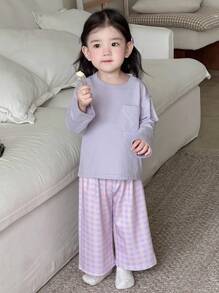 Dazy Kids Baby Girl Casual Knit Round Neck Short Sleeve Top And Plaid Loose Pants, Pajama Set Toddler - Purple - View 8