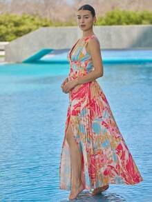 Andrea Bello Vacation Sleeveless Ditsy Floral Plunge Neck Open Slit Ruched Sexy Festival Dress For Women - Multicolor - View 6
