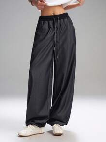 LYSMO 2025 新款女式抽绳腰部拼接腰带口袋阔腿锥形休闲裤，适合多种场合，简单易搭配，休闲通勤前卫女性和独特的毕业、返校、毕业典礼、教师 - 藏蓝色 - 查看 6