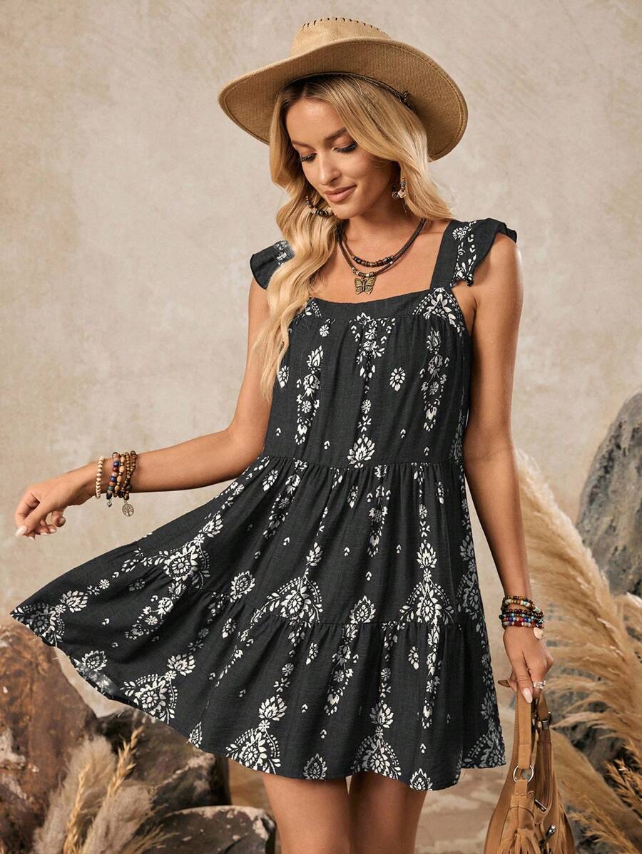 LanaWest 女式花卉印花娃娃裙，宽松休闲乡村风格度假日常连衣裙 - 彩色 - 查看 1