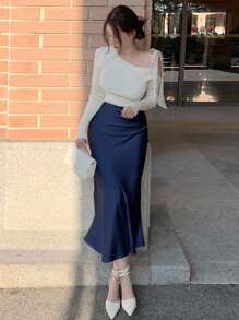 DAZY Rok Satin Model Ekor Ikan Warna Polos Pas Badan untuk Wanita, Rok Elegan Musim Semi/Panas - Royal Blue - View 3