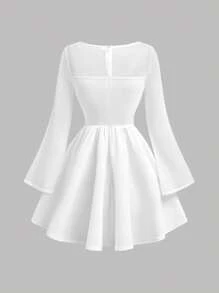 SHEIN Girlism Tween Girls' Casual Minimalist Comfortable Square Neck Cinched Waist A-Line Midi Dress Fall Winter - White - View 2