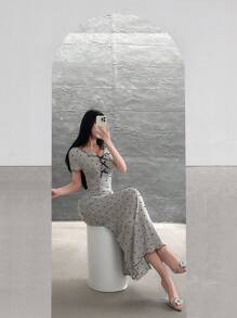 Feyla 女式波尔卡圆点印花撞色绑带生菜边蝴蝶结前开襟修身中长连衣裙，夏季 - 灰色 - 查看 7