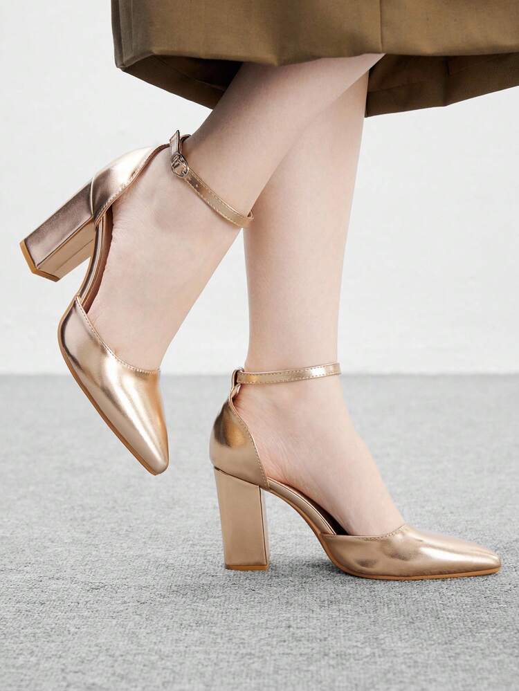 CUCCOO BIZCHIC Fashionable Champagne Material Ankle Strap Pointed Toe Chunky Heel Pumps, Comfortable For Commuting, Dating, Party, Festival And Various Occasions For Christmas Spring Shoes